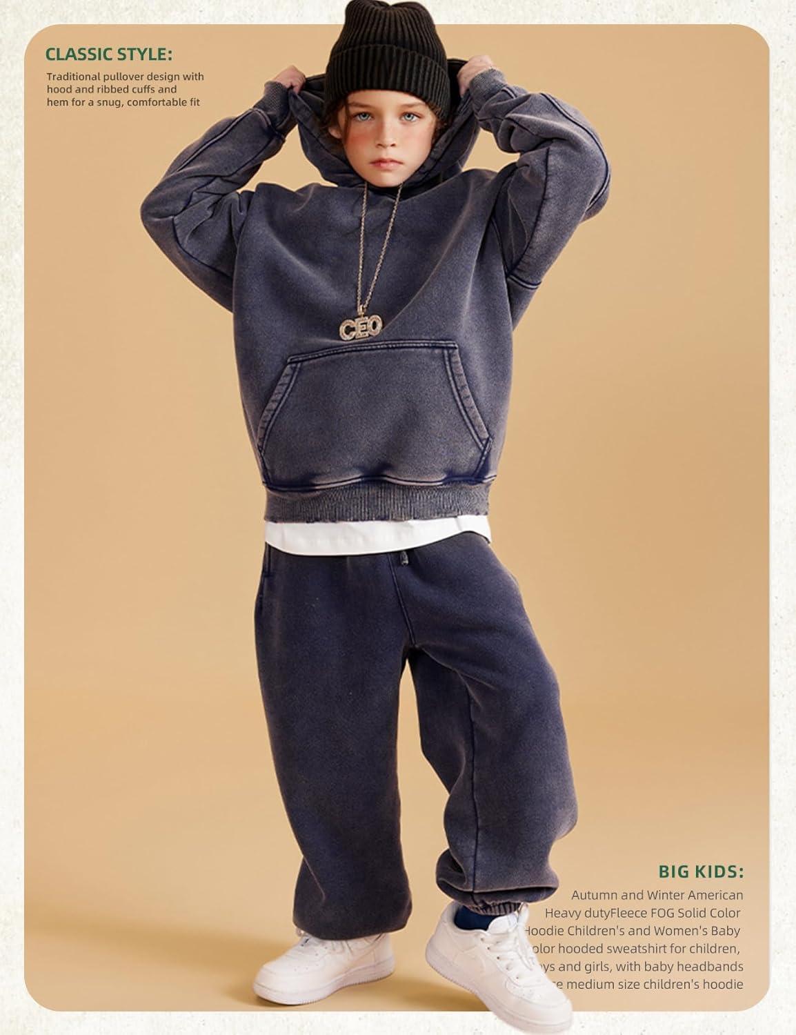 Arssm Boys Girls Fleece Lined Hoodie Kids Warm Winter Cotton Acid Washed Vintage Pullover Hooded Sweatshirt(Navy)