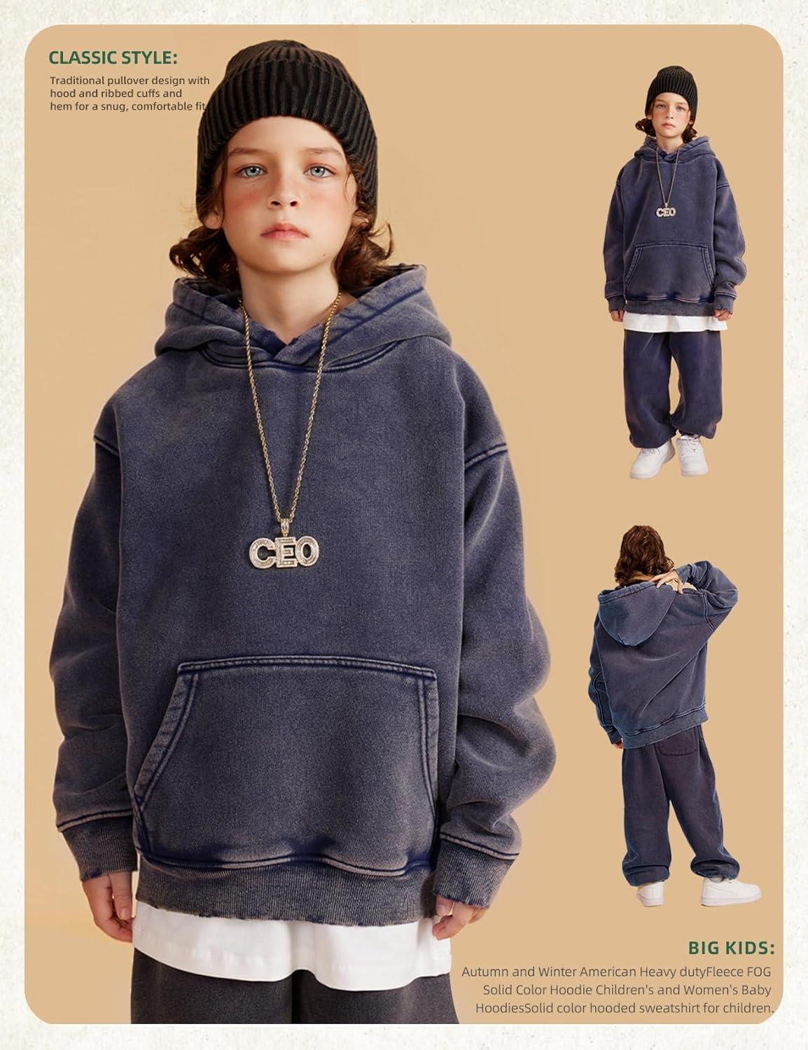 Arssm Boys Girls Fleece Lined Hoodie Kids Warm Winter Cotton Acid Washed Vintage Pullover Hooded Sweatshirt(Navy)
