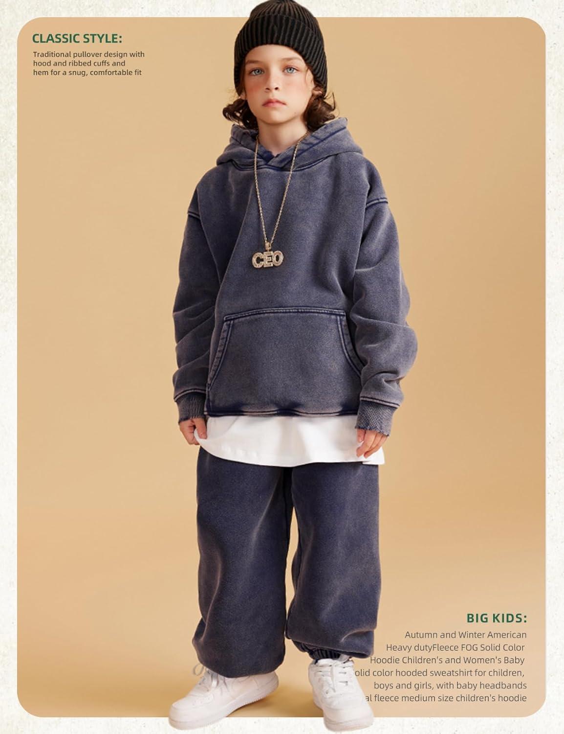Arssm Boys Girls Fleece Lined Hoodie Kids Warm Winter Cotton Acid Washed Vintage Pullover Hooded Sweatshirt(Navy)