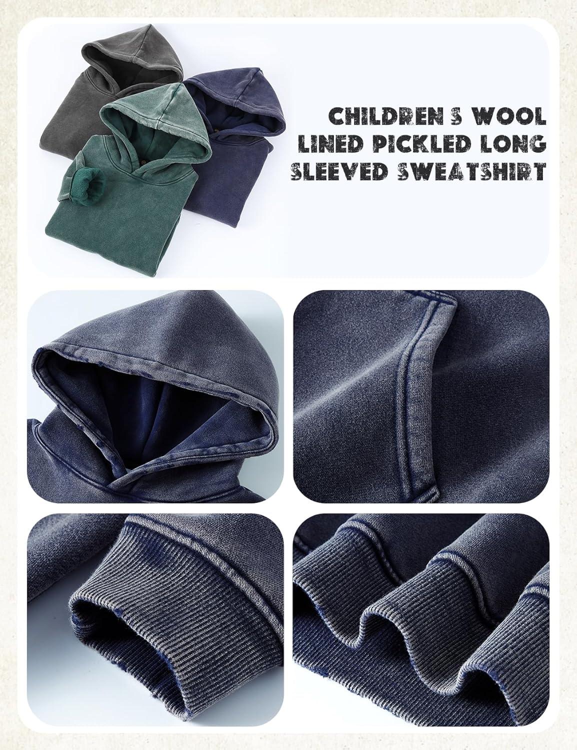 Arssm Boys Girls Fleece Lined Hoodie Kids Warm Winter Cotton Acid Washed Vintage Pullover Hooded Sweatshirt(Navy)