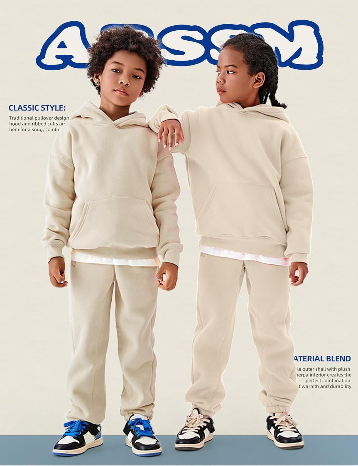 Arssm Girls Boys Sweatsuits Fleece 2 Piece Outfits Pants Set Hoodie and Sweatpant Set Kids Athletic Fleece Tracksuits(Beige)