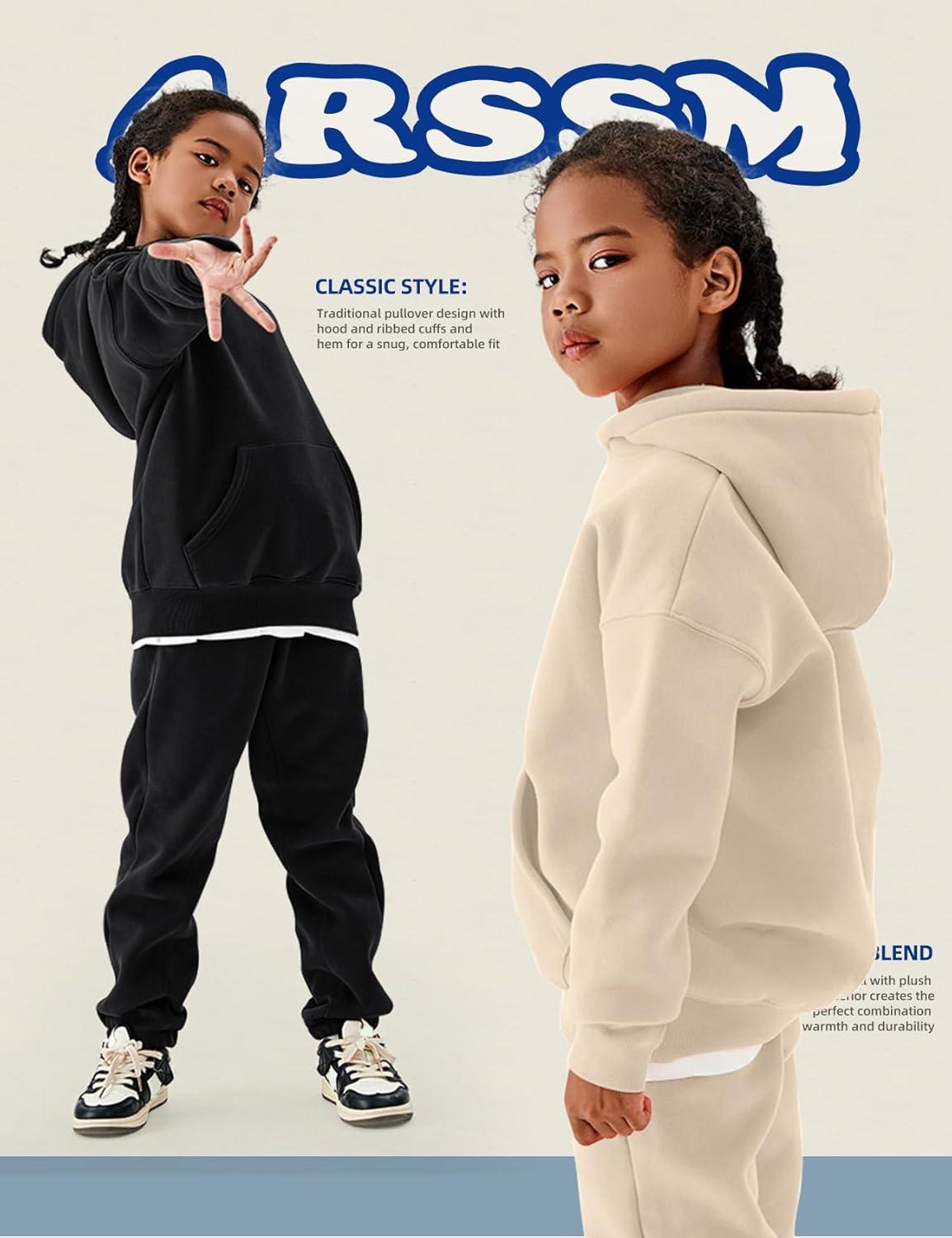 Arssm Girls Boys Sweatsuits Fleece 2 Piece Outfits Pants Set Hoodie and Sweatpant Set Kids Athletic Fleece Tracksuits(Beige)