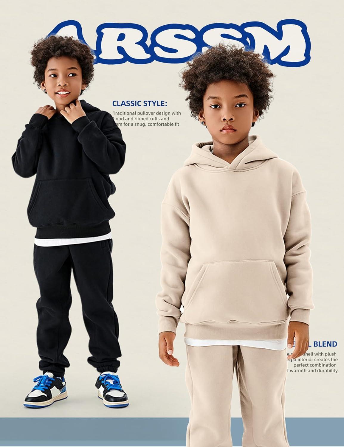 Arssm Girls Boys Sweatsuits Fleece 2 Piece Outfits Pants Set Hoodie and Sweatpant Set Kids Athletic Fleece Tracksuits(Beige)