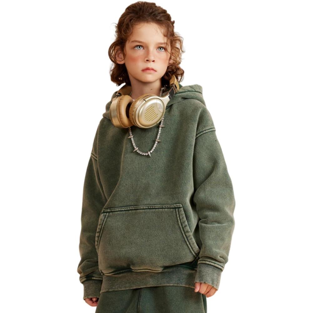 Arssm Boys Girls Fleece Lined Hoodie Kids Warm Winter Cotton Acid Washed Vintage Pullover Hooded Sweatshirt(Green)