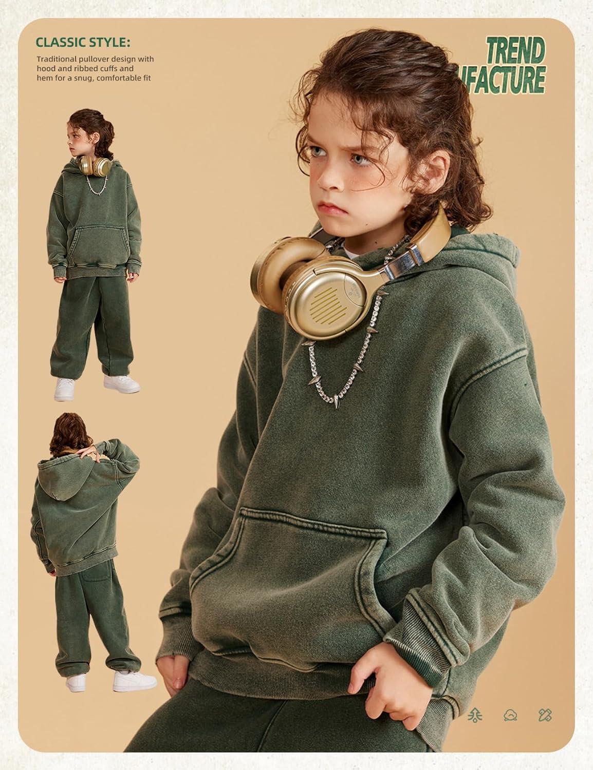 Arssm Boys Girls Fleece Lined Hoodie Kids Warm Winter Cotton Acid Washed Vintage Pullover Hooded Sweatshirt(Green)
