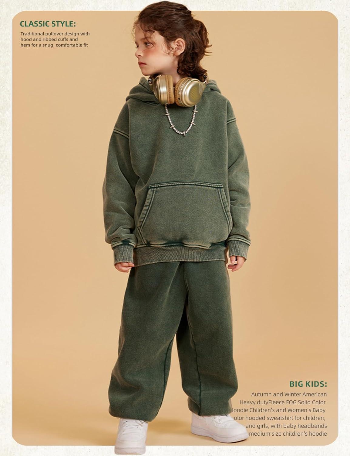 Arssm Boys Girls Fleece Lined Hoodie Kids Warm Winter Cotton Acid Washed Vintage Pullover Hooded Sweatshirt(Green)