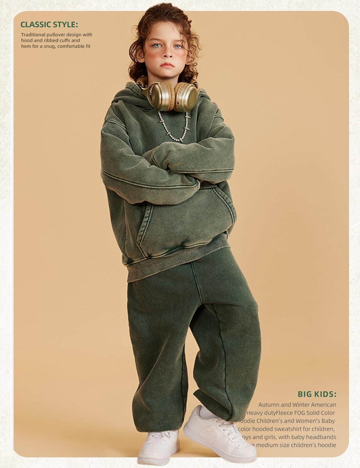 Arssm Boys Girls Fleece Lined Hoodie Kids Warm Winter Cotton Acid Washed Vintage Pullover Hooded Sweatshirt(Green)