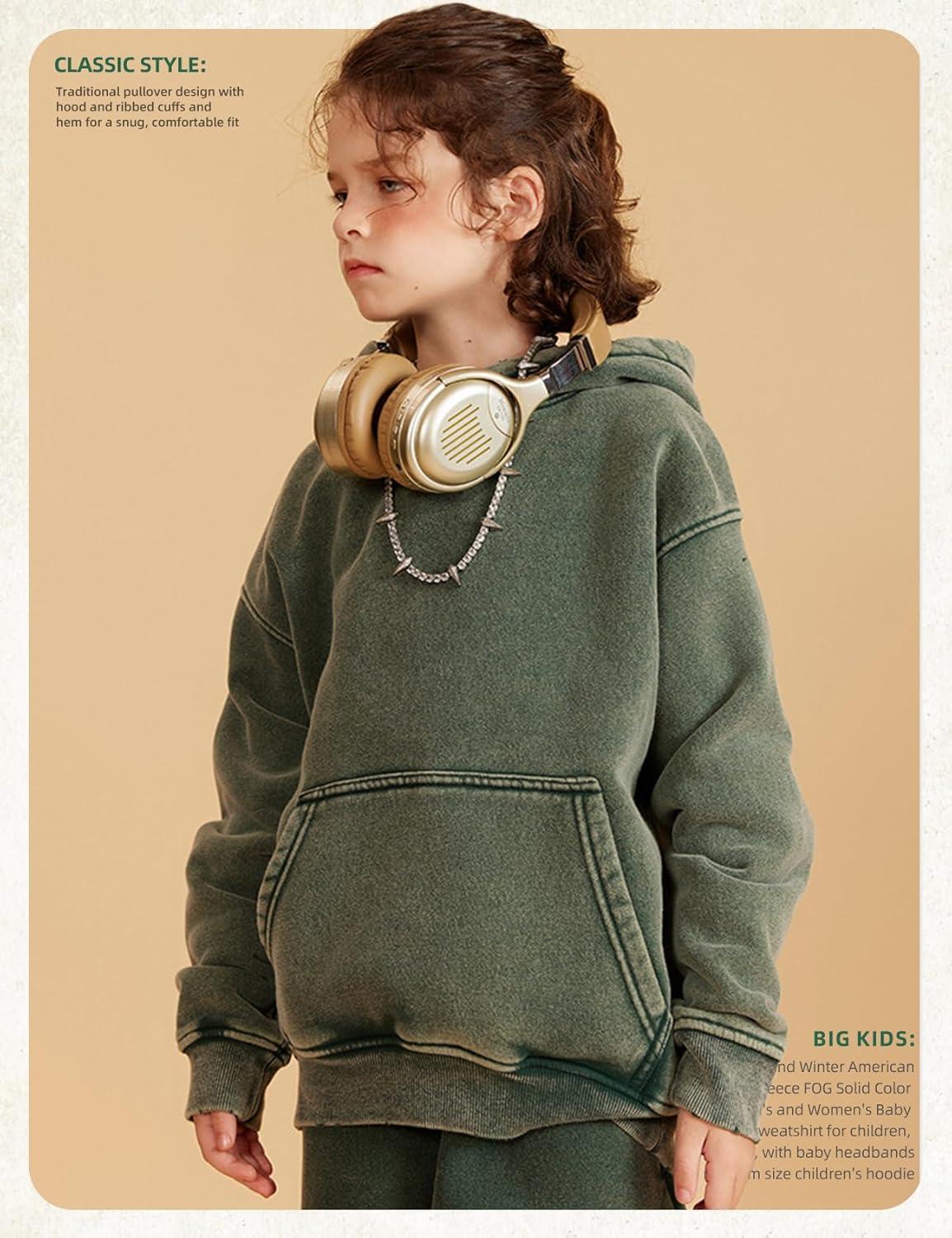 Arssm Boys Girls Fleece Lined Hoodie Kids Warm Winter Cotton Acid Washed Vintage Pullover Hooded Sweatshirt(Green)