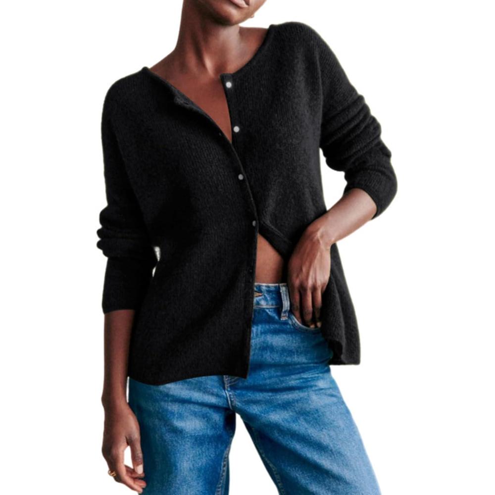 Arssm Women Button Down Cardigan Sweater Crewneck Soft Knit Long Sleeve Y2k Fall Jumper Tops(Black)