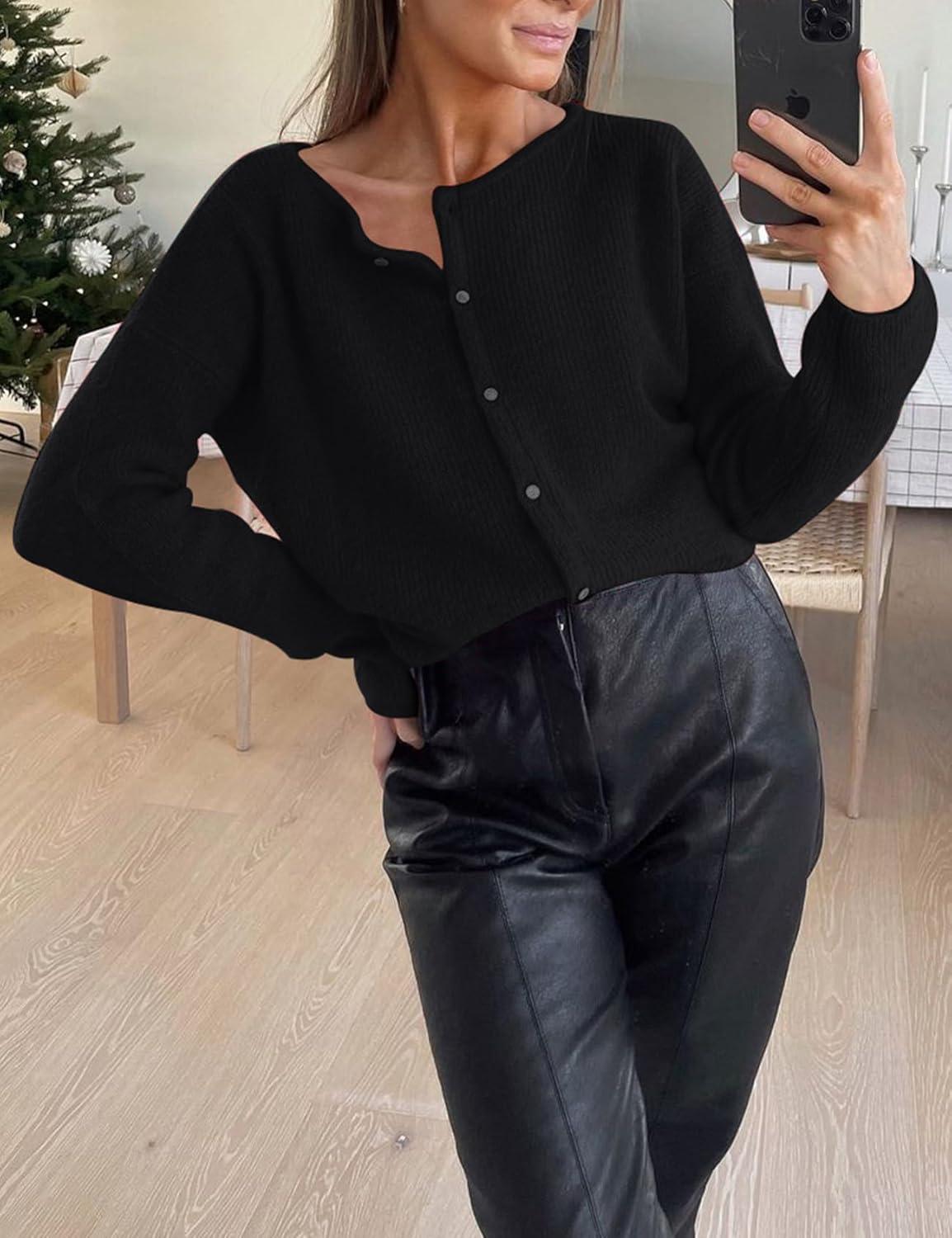 Arssm Women Button Down Cardigan Sweater Crewneck Soft Knit Long Sleeve Y2k Fall Jumper Tops(Black)