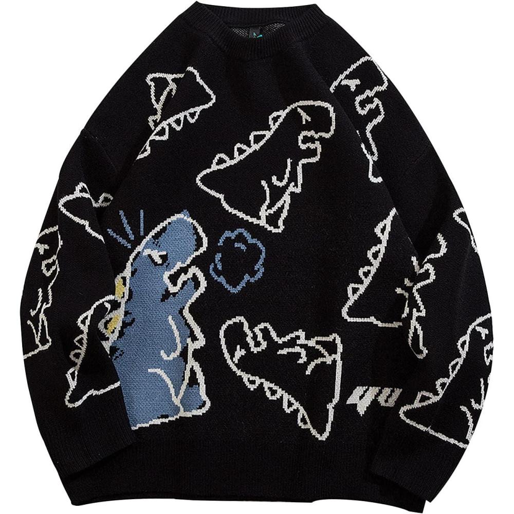Arssm Dinosaur Sweater Women y2k Vintage Oversized Graphic Streetwear Knit Sweater Casual Cute Kawaii Tops(Black)