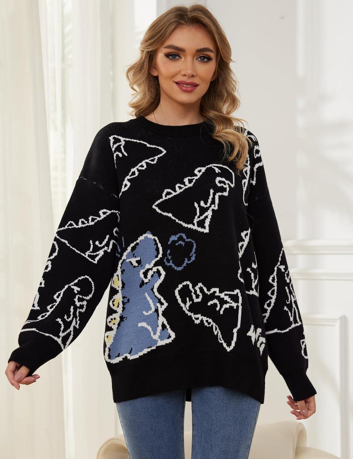 Arssm Dinosaur Sweater Women y2k Vintage Oversized Graphic Streetwear Knit Sweater Casual Cute Kawaii Tops(Black)