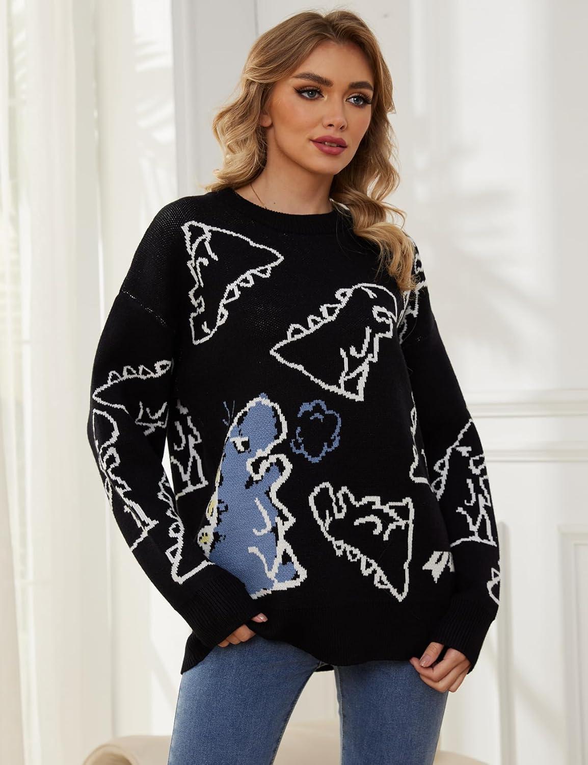 Arssm Dinosaur Sweater Women y2k Vintage Oversized Graphic Streetwear Knit Sweater Casual Cute Kawaii Tops(Black)