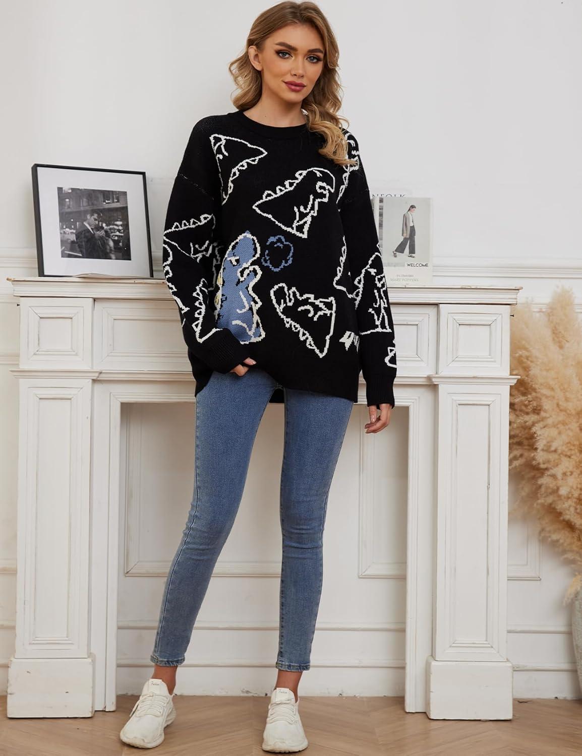 Arssm Dinosaur Sweater Women y2k Vintage Oversized Graphic Streetwear Knit Sweater Casual Cute Kawaii Tops(Black)