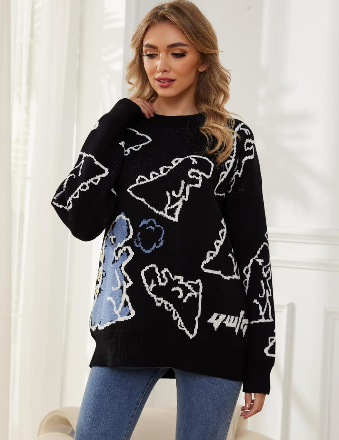 Arssm Dinosaur Sweater Women y2k Vintage Oversized Graphic Streetwear Knit Sweater Casual Cute Kawaii Tops(Black)