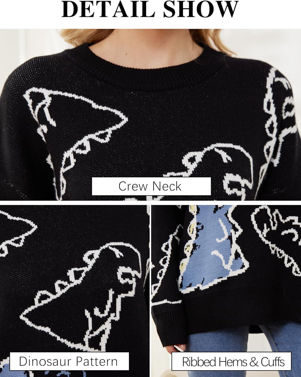 Arssm Dinosaur Sweater Women y2k Vintage Oversized Graphic Streetwear Knit Sweater Casual Cute Kawaii Tops(Black)