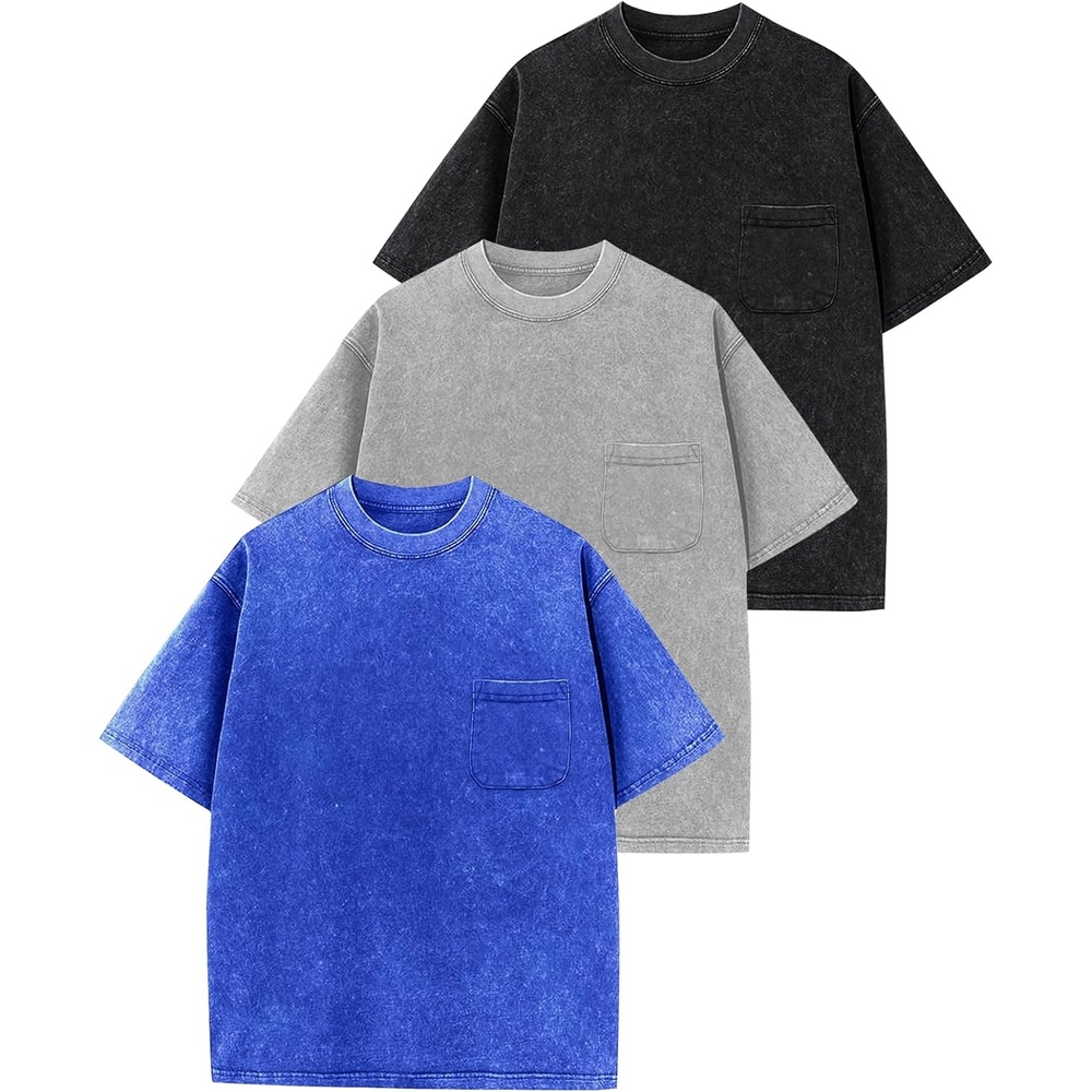 Arssm 3 Pack Boys Tshirts Kids Oversized T Shirts Cotton Acid Wash Crewneck Summer Basic Tees(Black+grey+blue)