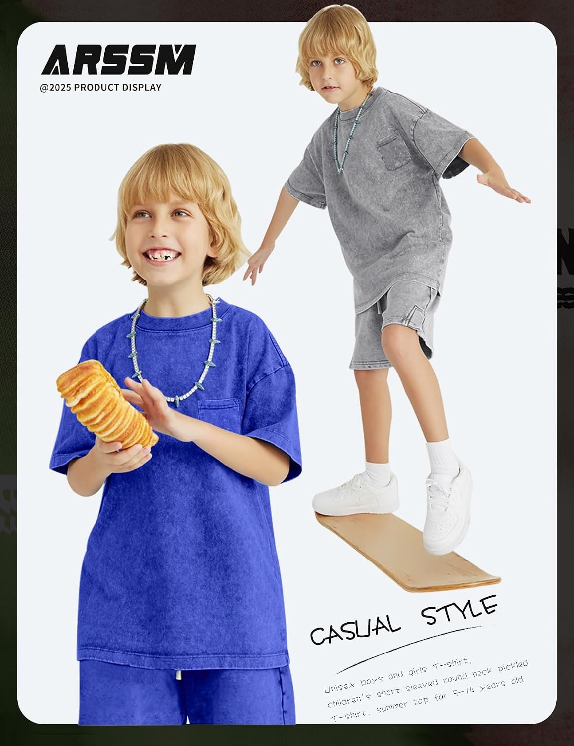 Arssm 3 Pack Boys Tshirts Kids Oversized T Shirts Cotton Acid Wash Crewneck Summer Basic Tees(Black+grey+blue)