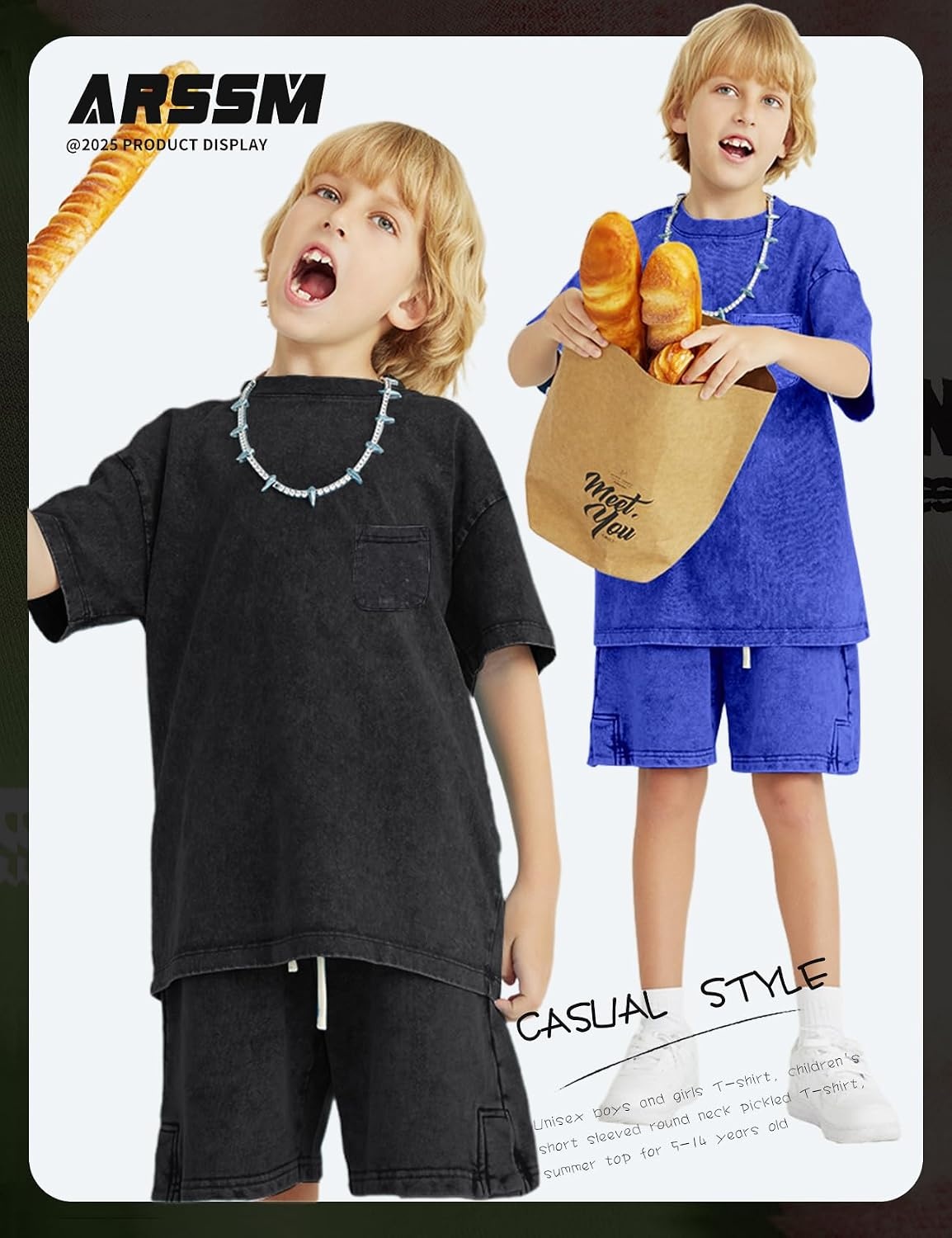 Arssm 3 Pack Boys Tshirts Kids Oversized T Shirts Cotton Acid Wash Crewneck Summer Basic Tees(Black+grey+blue)