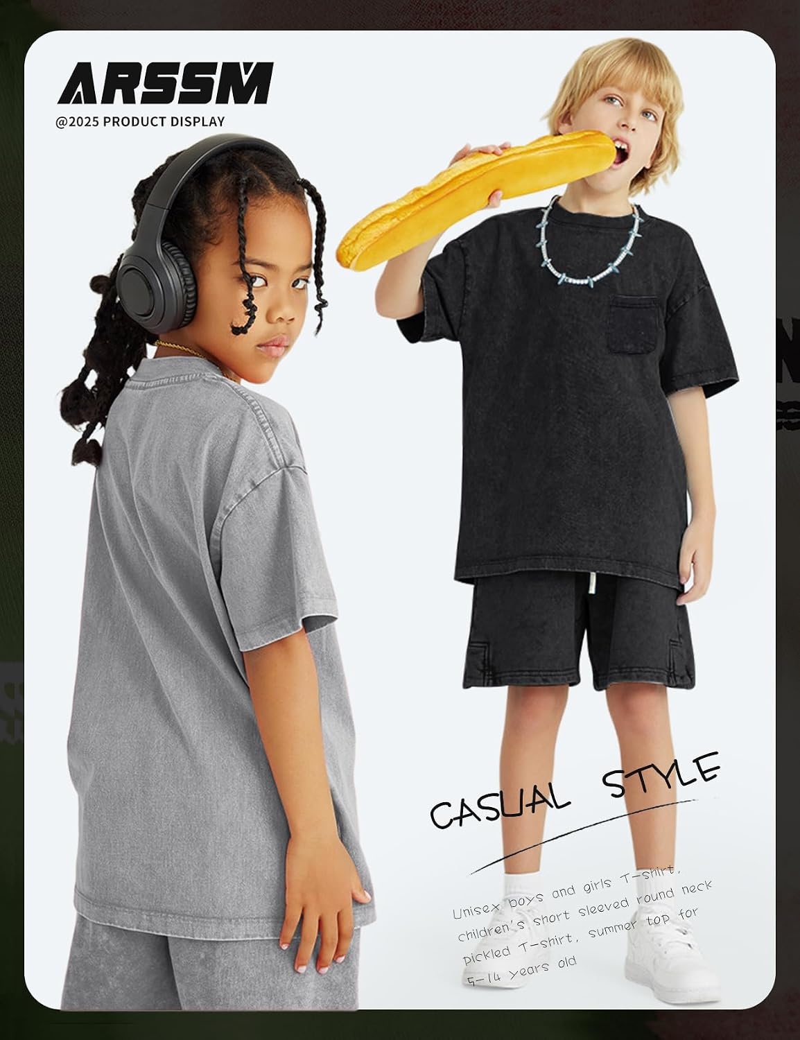 Arssm 3 Pack Boys Tshirts Kids Oversized T Shirts Cotton Acid Wash Crewneck Summer Basic Tees(Black+grey+blue)