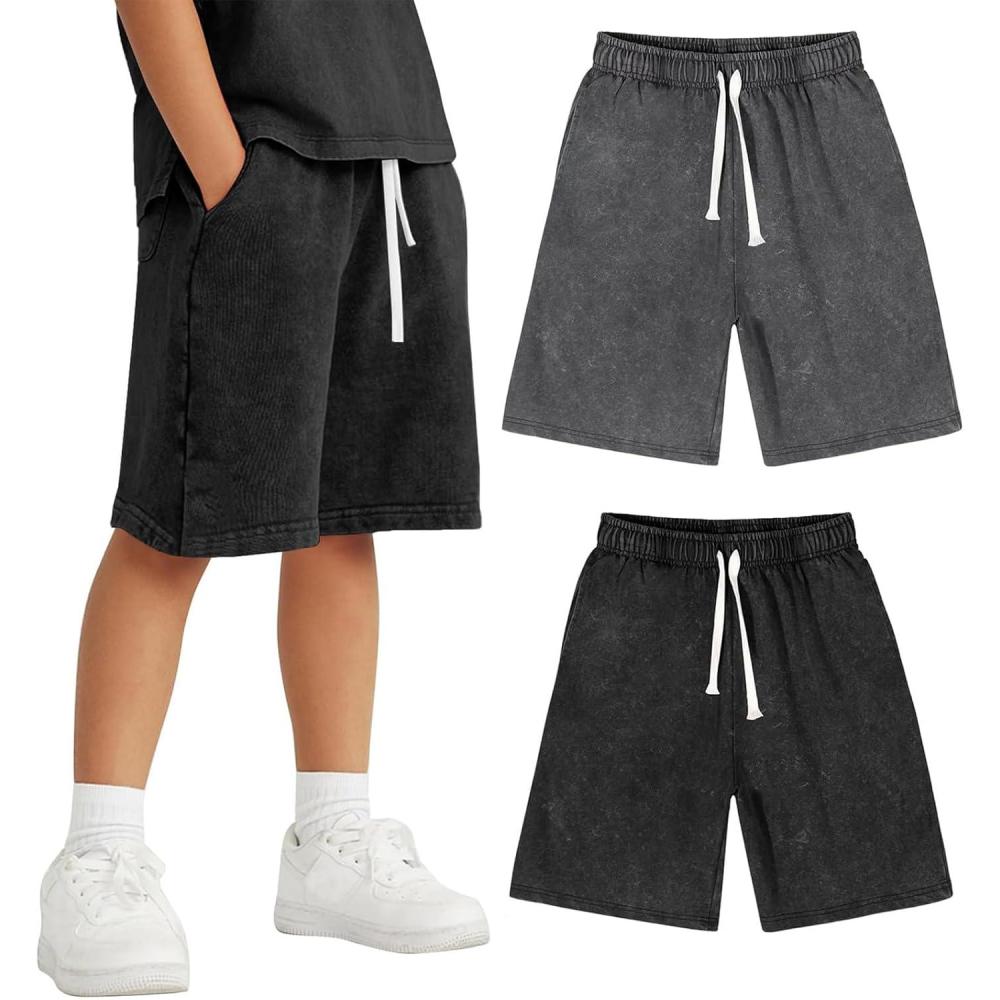 Arssm 2 Pack Boys Shorts Cotton Acid Washed Athletic Shorts Kids Summer Active Shorts with Pockets(Black+darkgrey)