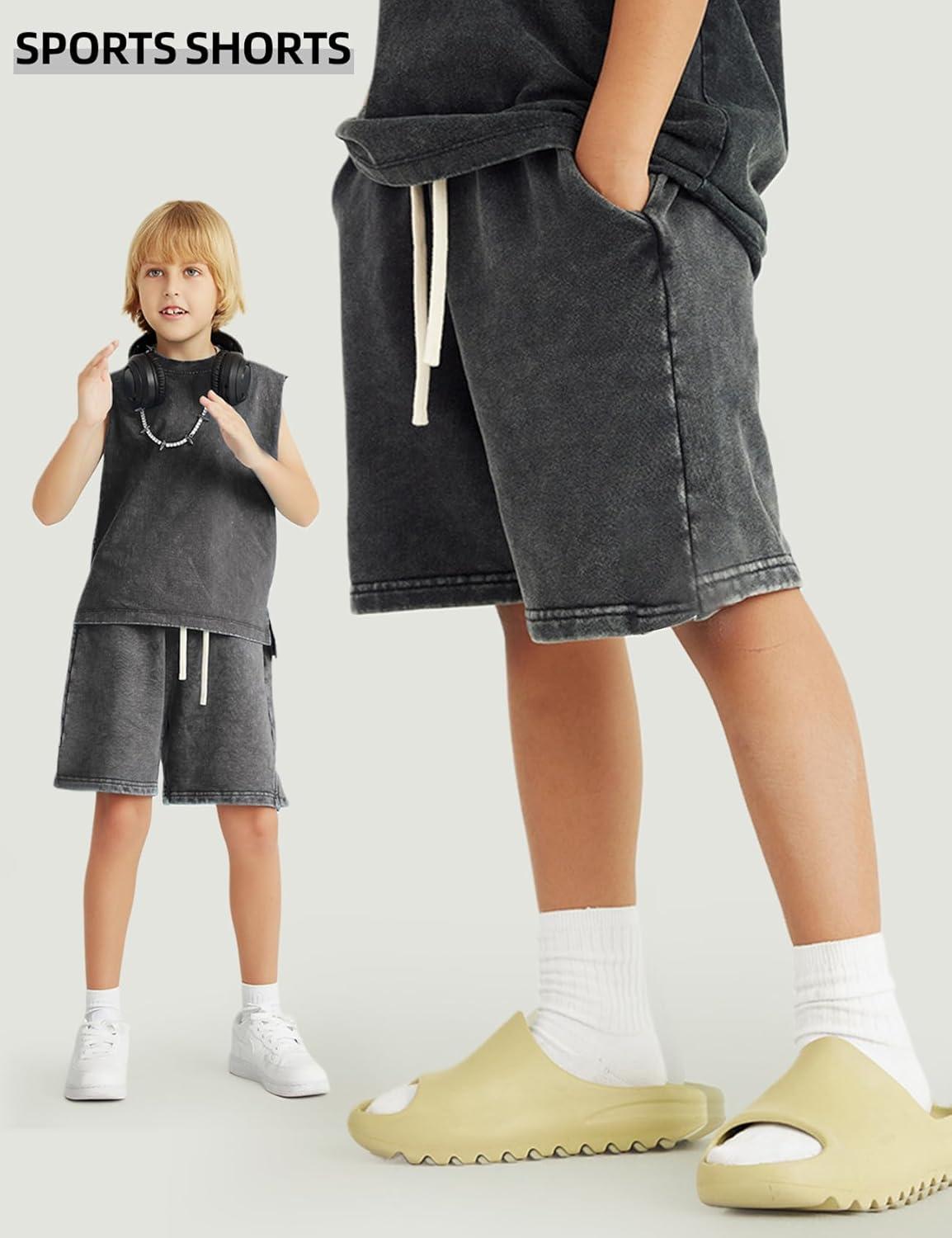 Arssm 2 Pack Boys Shorts Cotton Acid Washed Athletic Shorts Kids Summer Active Shorts with Pockets(Black+darkgrey)