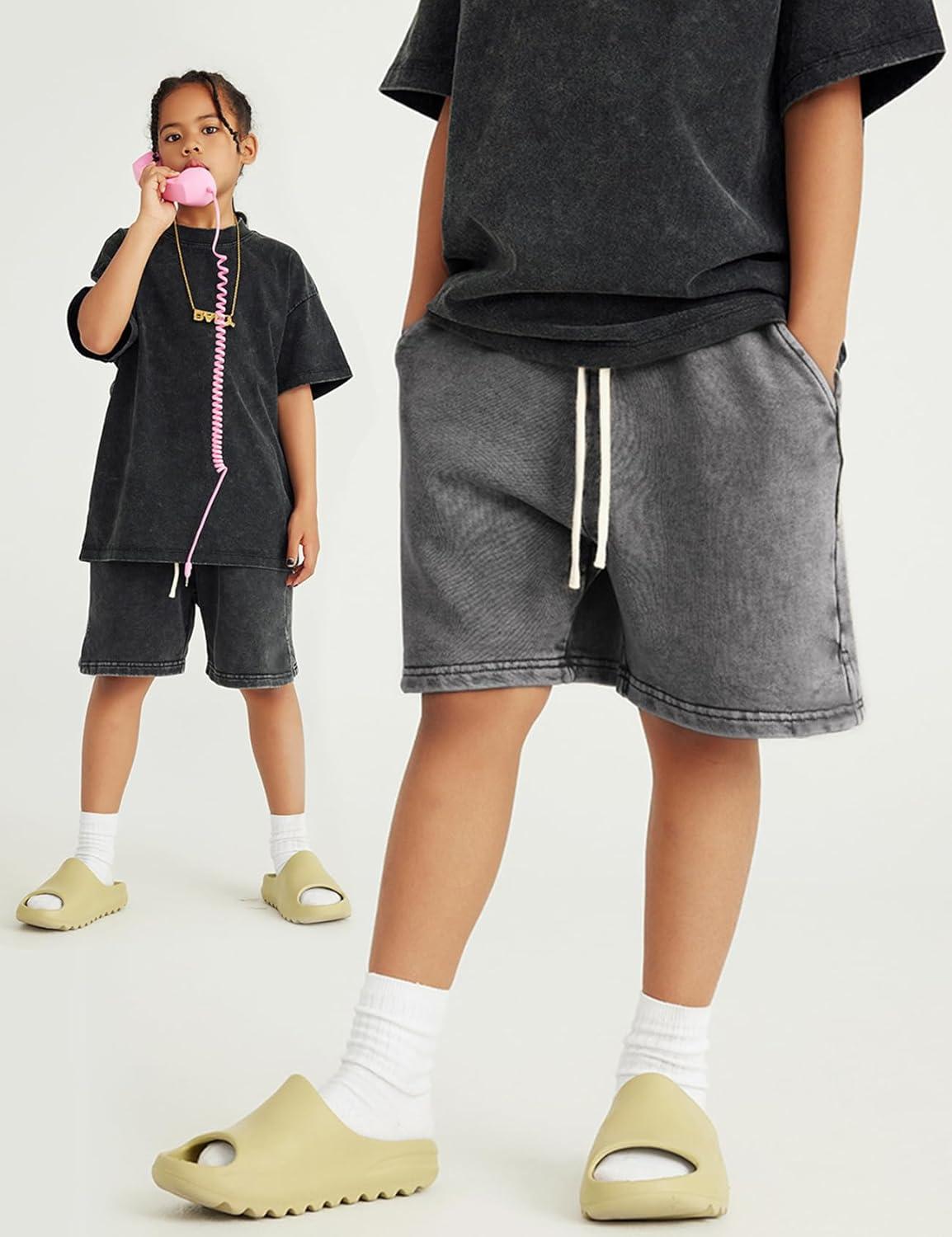 Arssm 2 Pack Boys Shorts Cotton Acid Washed Athletic Shorts Kids Summer Active Shorts with Pockets(Black+darkgrey)
