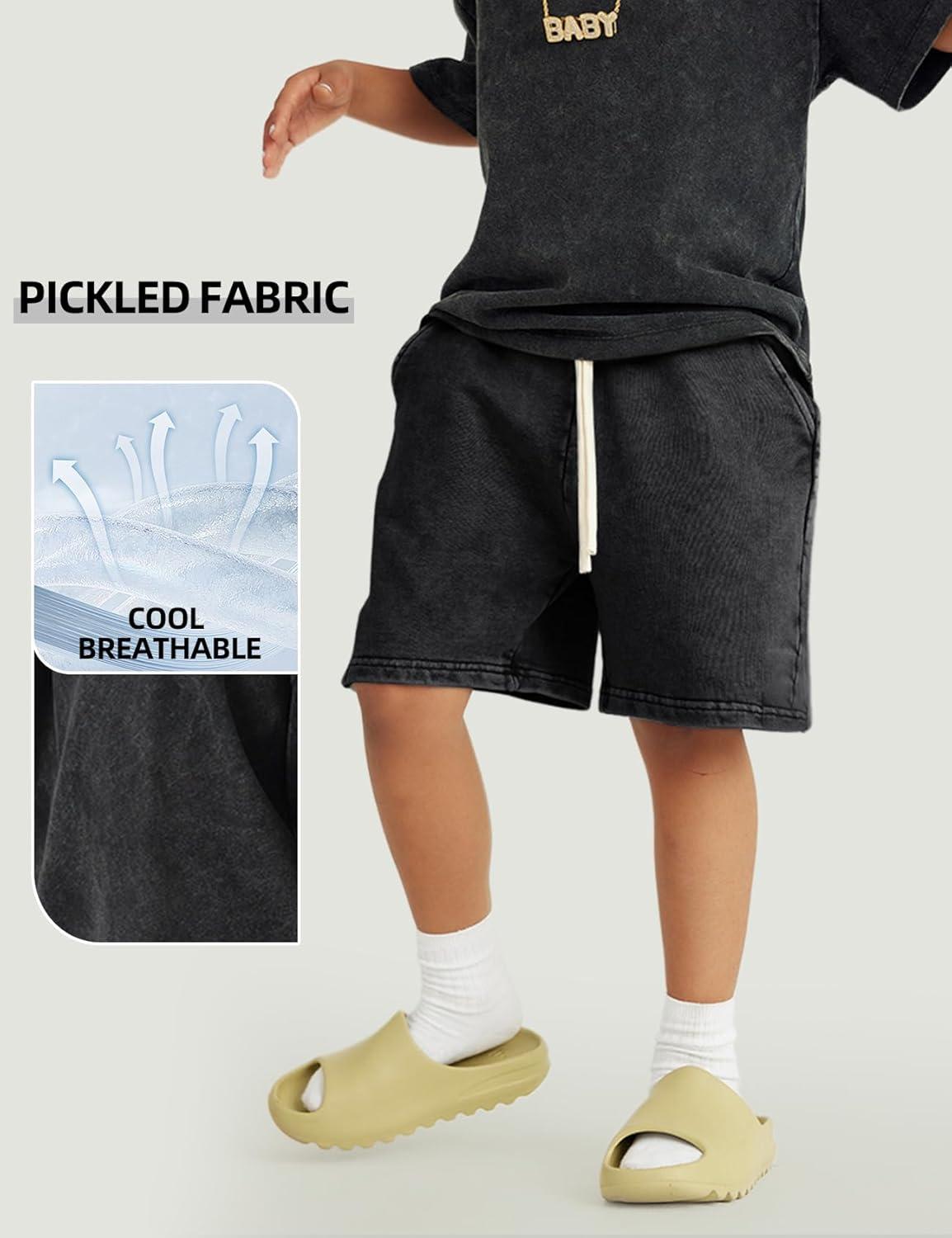 Arssm 2 Pack Boys Shorts Cotton Acid Washed Athletic Shorts Kids Summer Active Shorts with Pockets(Black+darkgrey)