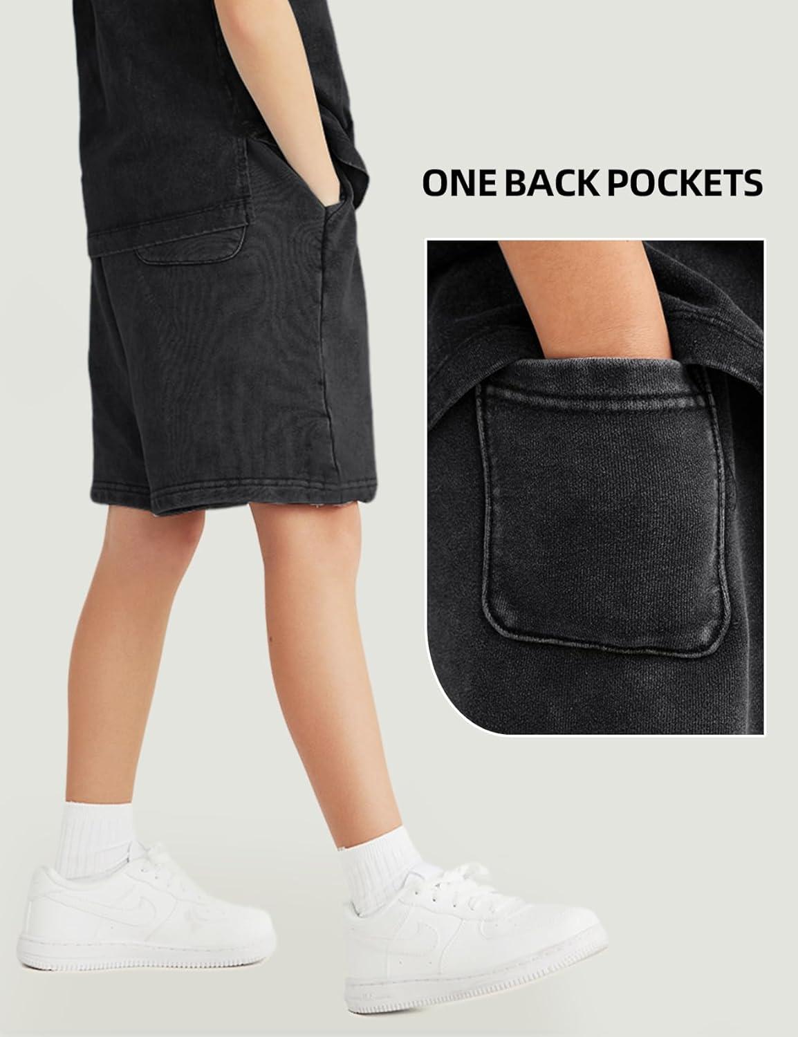 Arssm 2 Pack Boys Shorts Cotton Acid Washed Athletic Shorts Kids Summer Active Shorts with Pockets(Black+darkgrey)