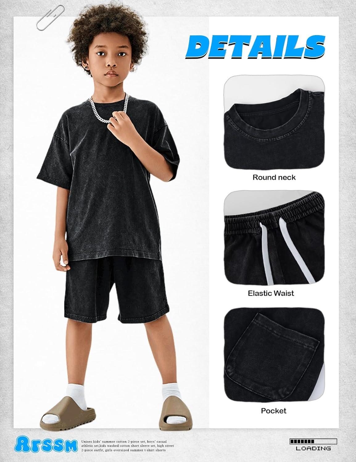 Arssm Boys Short Sets 2 Piece Acid Wash Vintage Kids Athletic Set(Black)