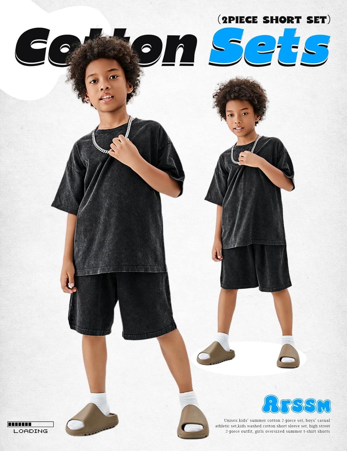Arssm Boys Short Sets 2 Piece Acid Wash Vintage Kids Athletic Set(Black)