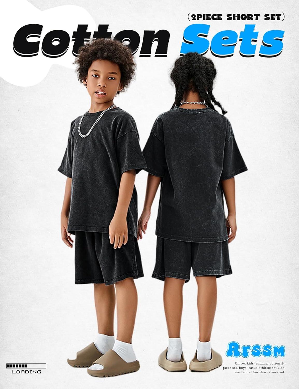 Arssm Boys Short Sets 2 Piece Acid Wash Vintage Kids Athletic Set(Black)