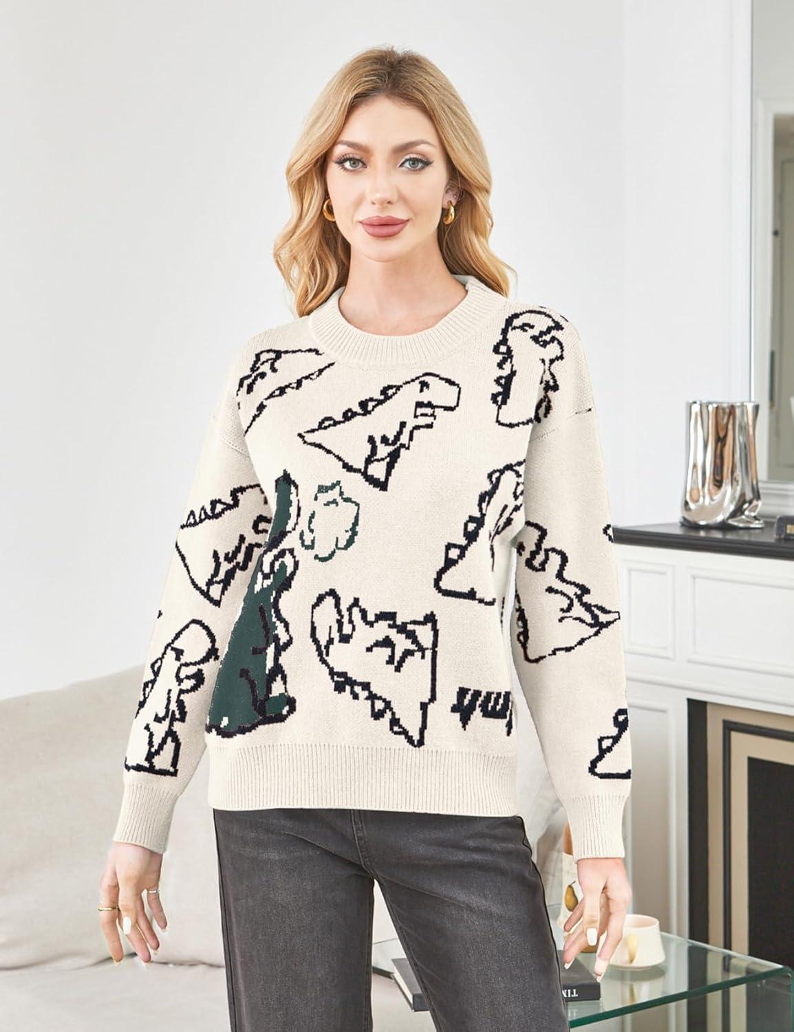 Arssm Dinosaur Sweater Women y2k Vintage Oversized Graphic Streetwear Knit Sweater Casual Cute Kawaii Tops(Beige)