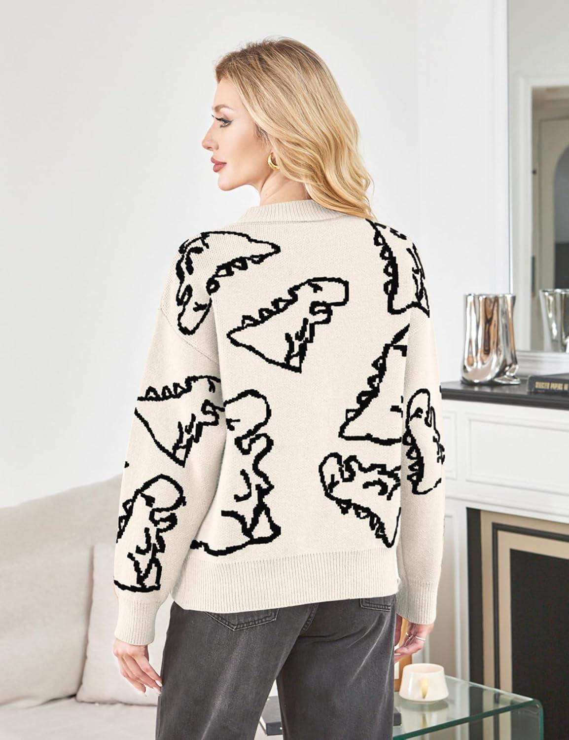 Arssm Dinosaur Sweater Women y2k Vintage Oversized Graphic Streetwear Knit Sweater Casual Cute Kawaii Tops(Beige)
