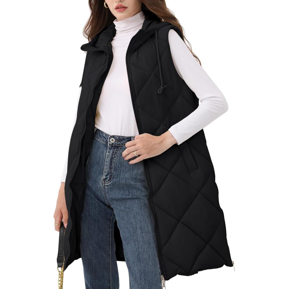 Arssm Women Long Quilted Puffer Vest with Hoodie Sleeveless Winter Padded Jacket Coat Puffy Outerwear(Black-M)