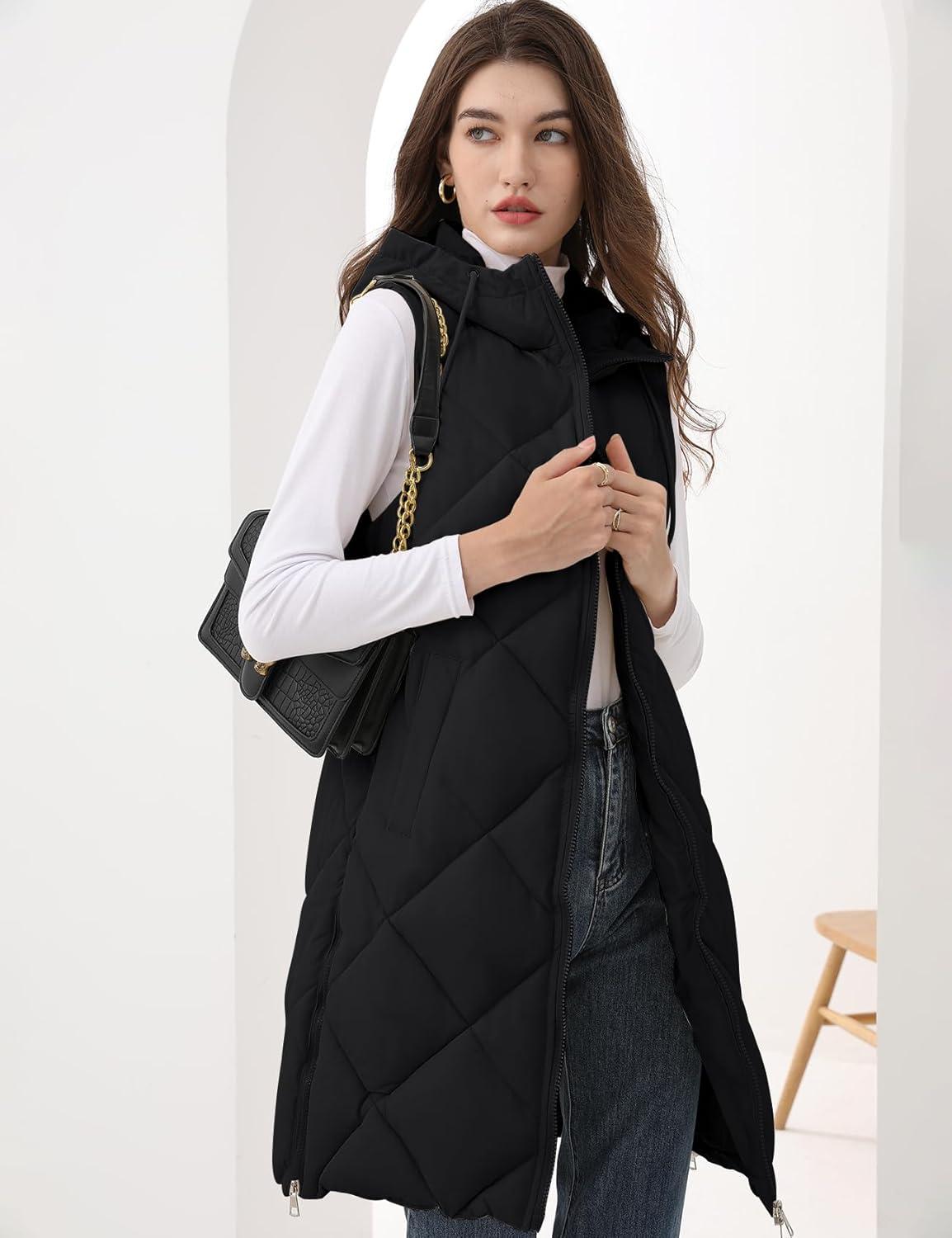 Arssm Women Long Quilted Puffer Vest with Hoodie Sleeveless Winter Padded Jacket Coat Puffy Outerwear(Black-M)