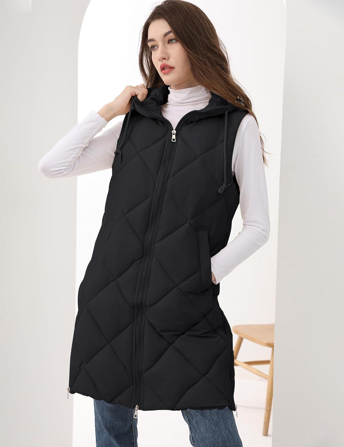Arssm Women Long Quilted Puffer Vest with Hoodie Sleeveless Winter Padded Jacket Coat Puffy Outerwear(Black-M)
