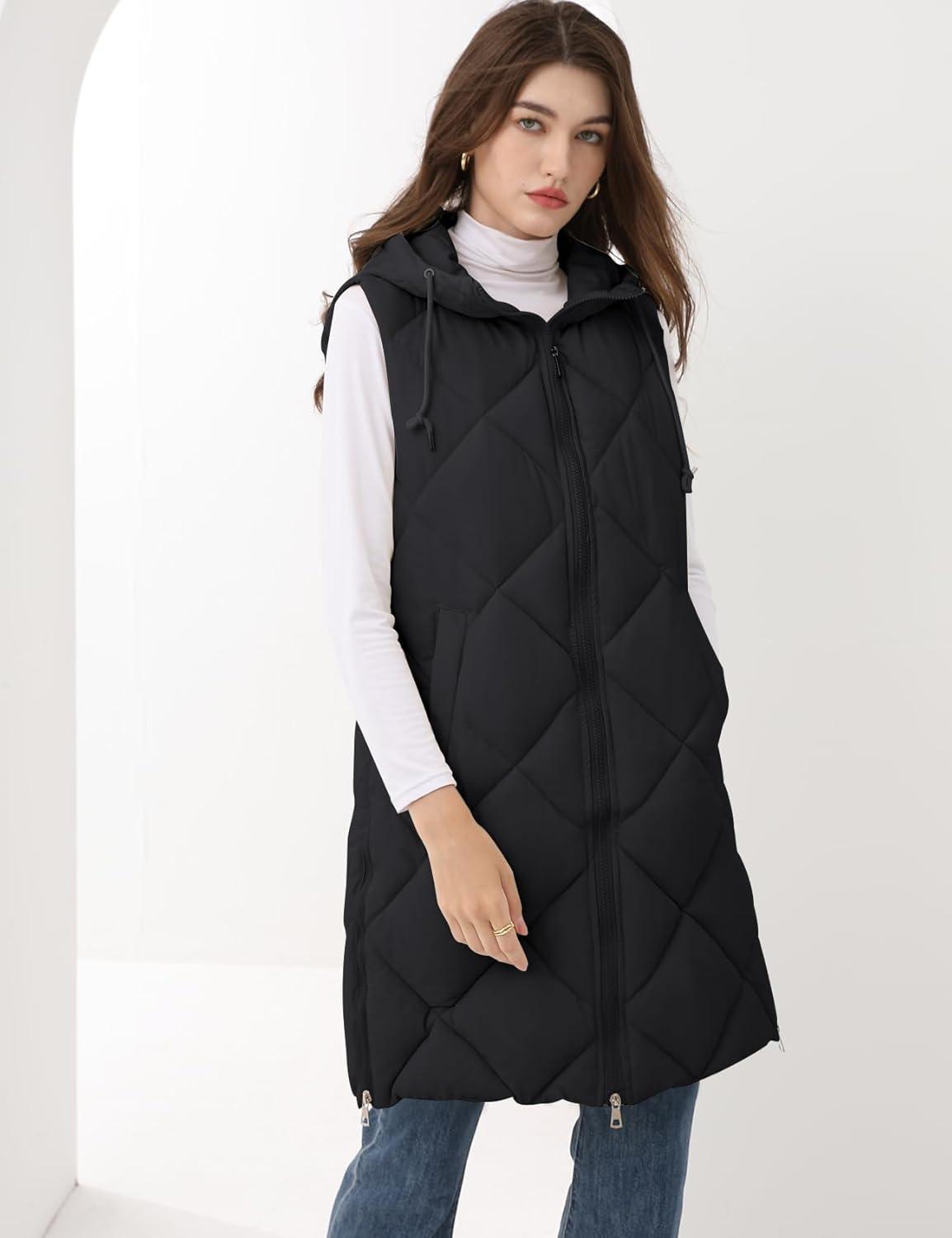 Arssm Women Long Quilted Puffer Vest with Hoodie Sleeveless Winter Padded Jacket Coat Puffy Outerwear(Black-M)
