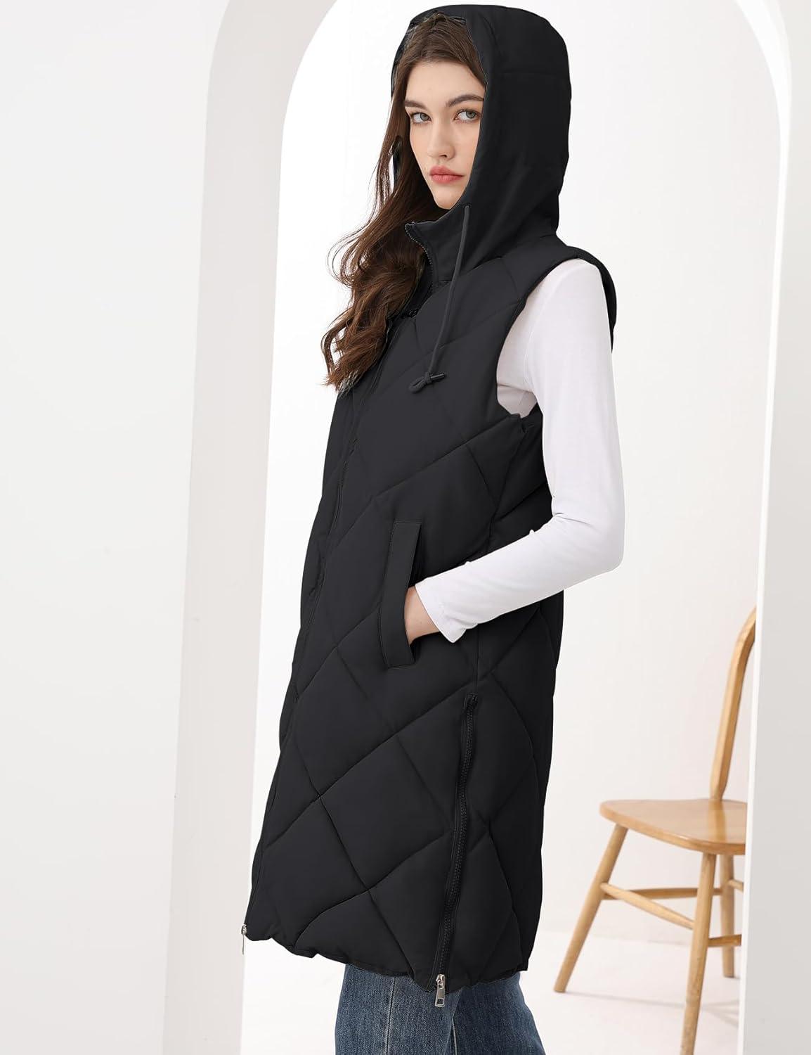 Arssm Women Long Quilted Puffer Vest with Hoodie Sleeveless Winter Padded Jacket Coat Puffy Outerwear(Black-M)