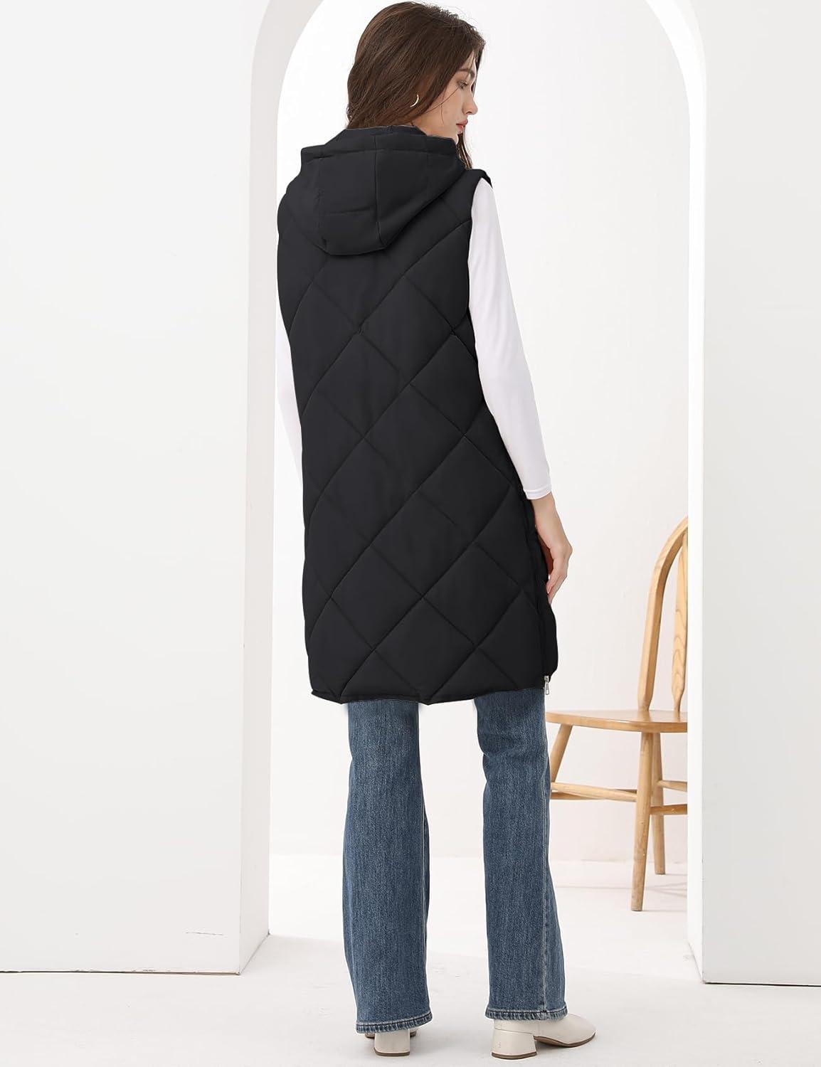 Arssm Women Long Quilted Puffer Vest with Hoodie Sleeveless Winter Padded Jacket Coat Puffy Outerwear(Black-M)