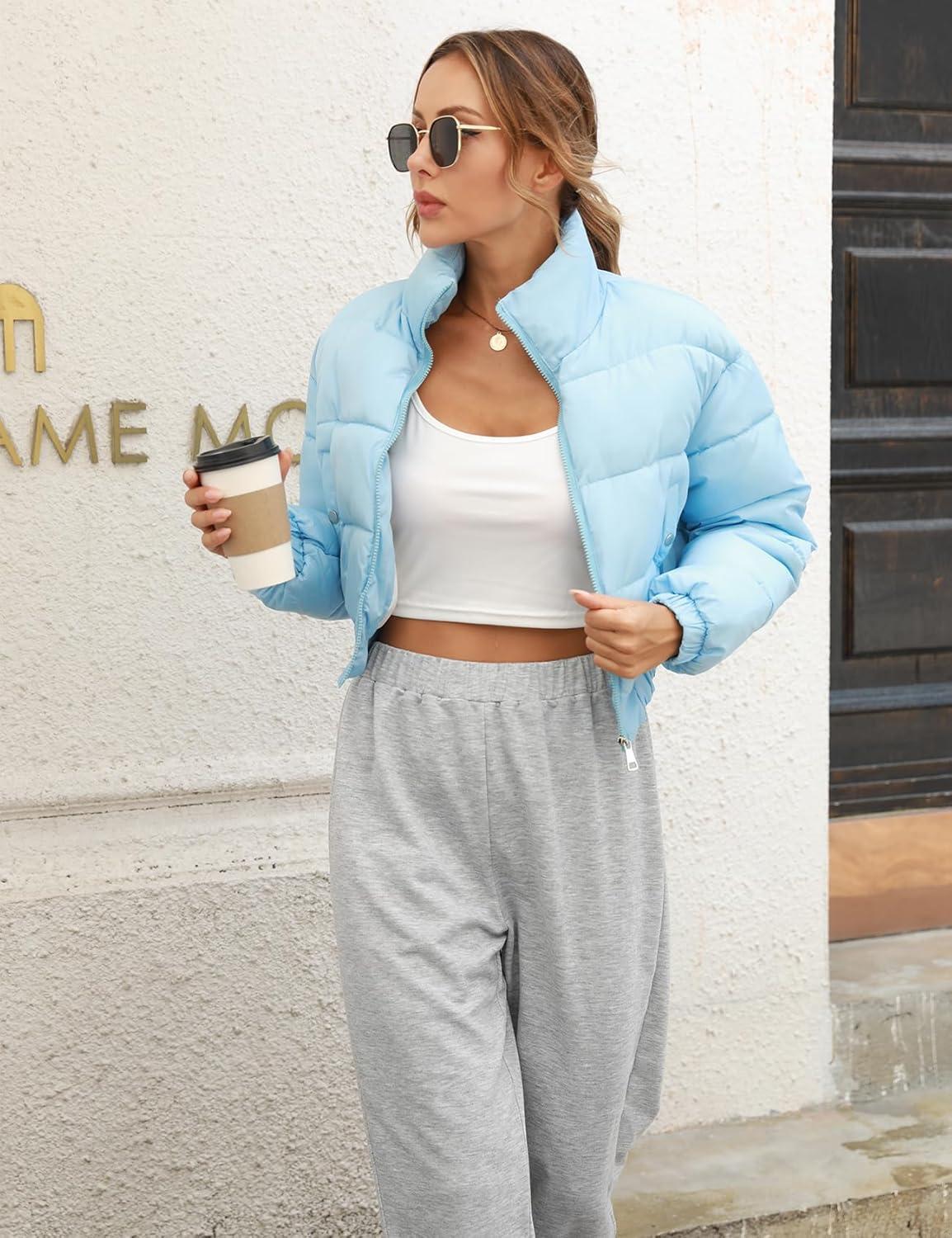 Arssm Womens Cropped Puffer Jacket Warm Winter Padded Quilted Long Sleeve Zip Up Casual Short Bubble Coat with Pockets (Blue-L)