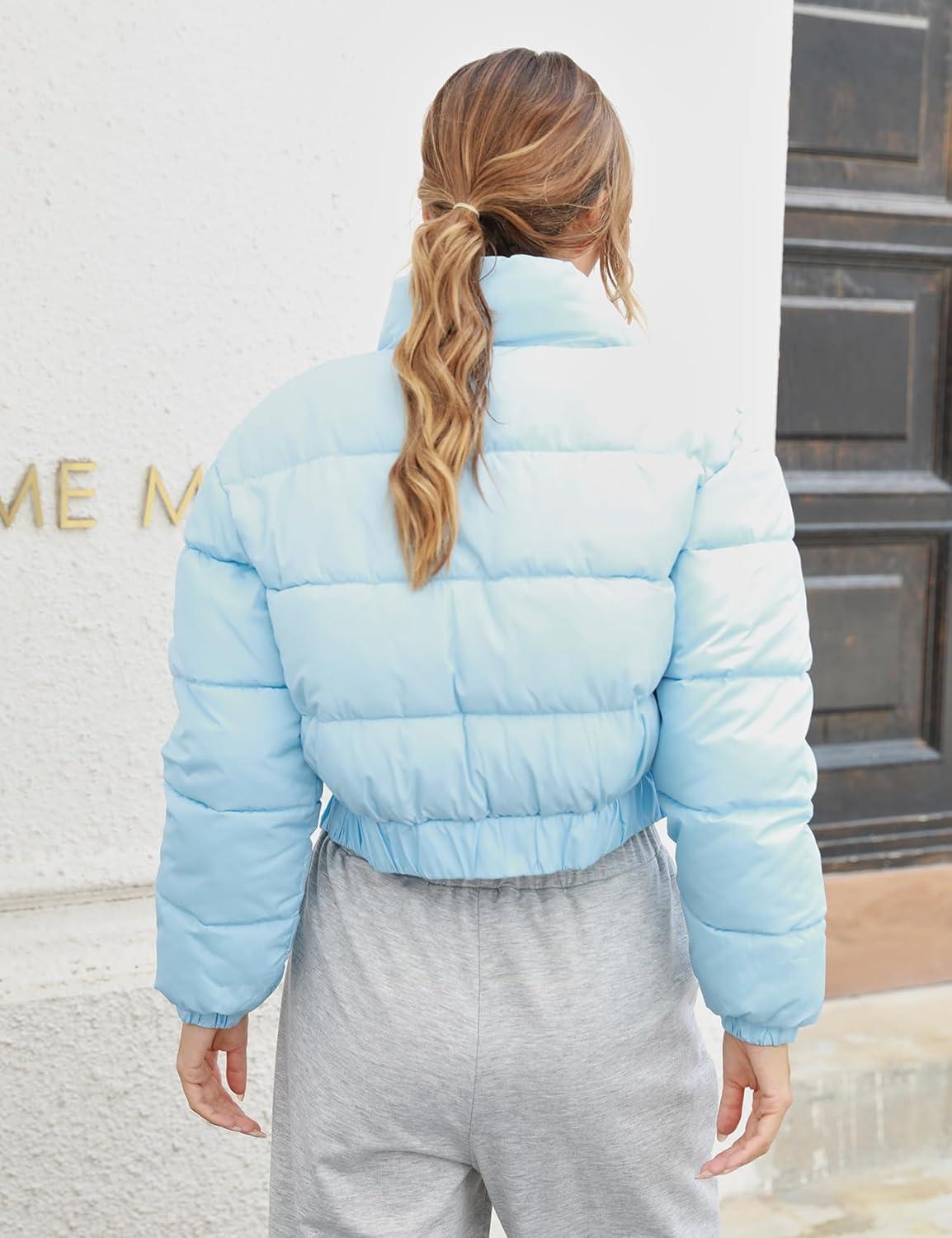 Arssm Womens Cropped Puffer Jacket Warm Winter Padded Quilted Long Sleeve Zip Up Casual Short Bubble Coat with Pockets (Blue-L)