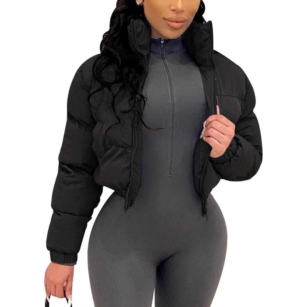 Arssm Women Cropped Puffer Jacket Crop Quilted Jacket Short Warm Winter Coats Padded Puffy Jacket(Black)