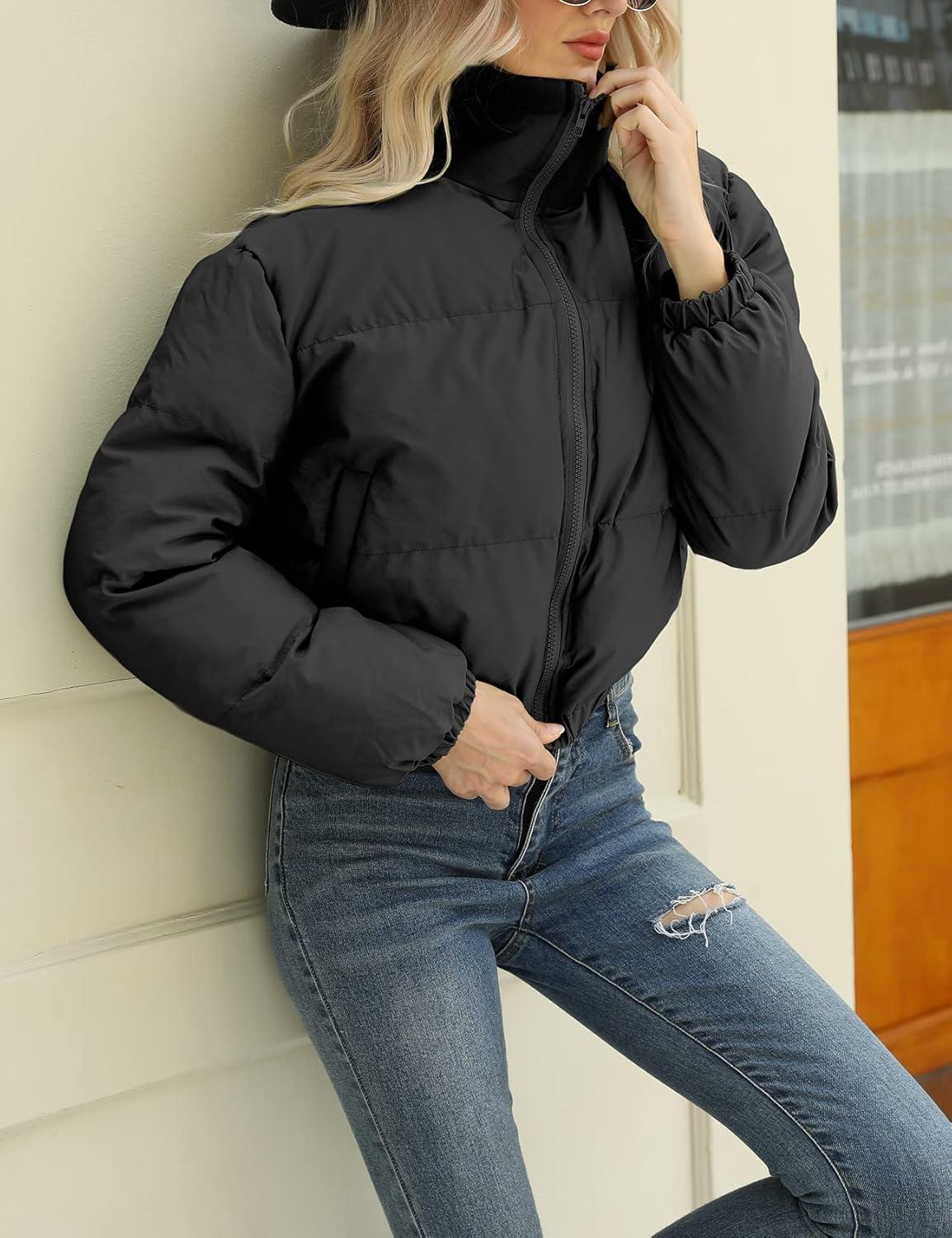 Arssm Women Cropped Puffer Jacket Crop Quilted Jacket Short Warm Winter Coats Padded Puffy Jacket(Black)
