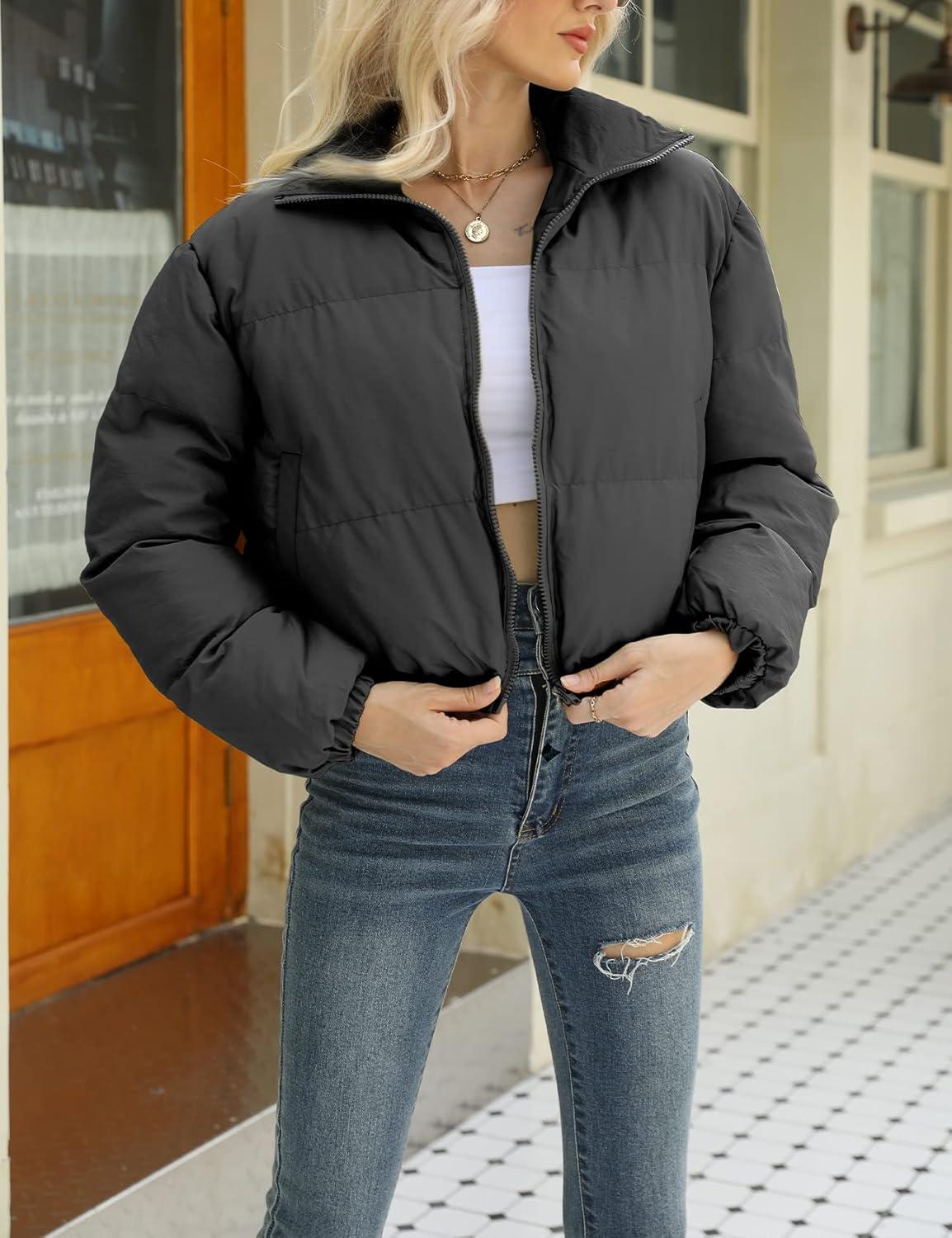 Arssm Women Cropped Puffer Jacket Crop Quilted Jacket Short Warm Winter Coats Padded Puffy Jacket(Black)