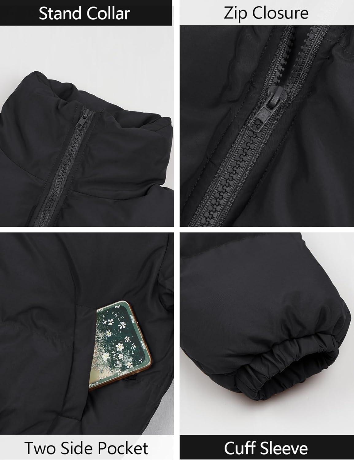 Arssm Women Cropped Puffer Jacket Crop Quilted Jacket Short Warm Winter Coats Padded Puffy Jacket(Black)