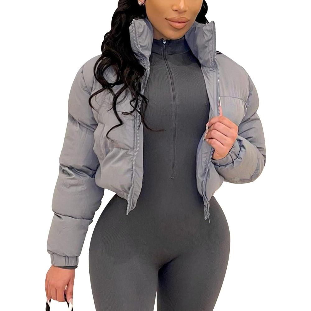 Arssm Women Cropped Puffer Jacket Crop Quilted Jacket Short Warm Winter Coats Padded Puffy Jacket(Grey)