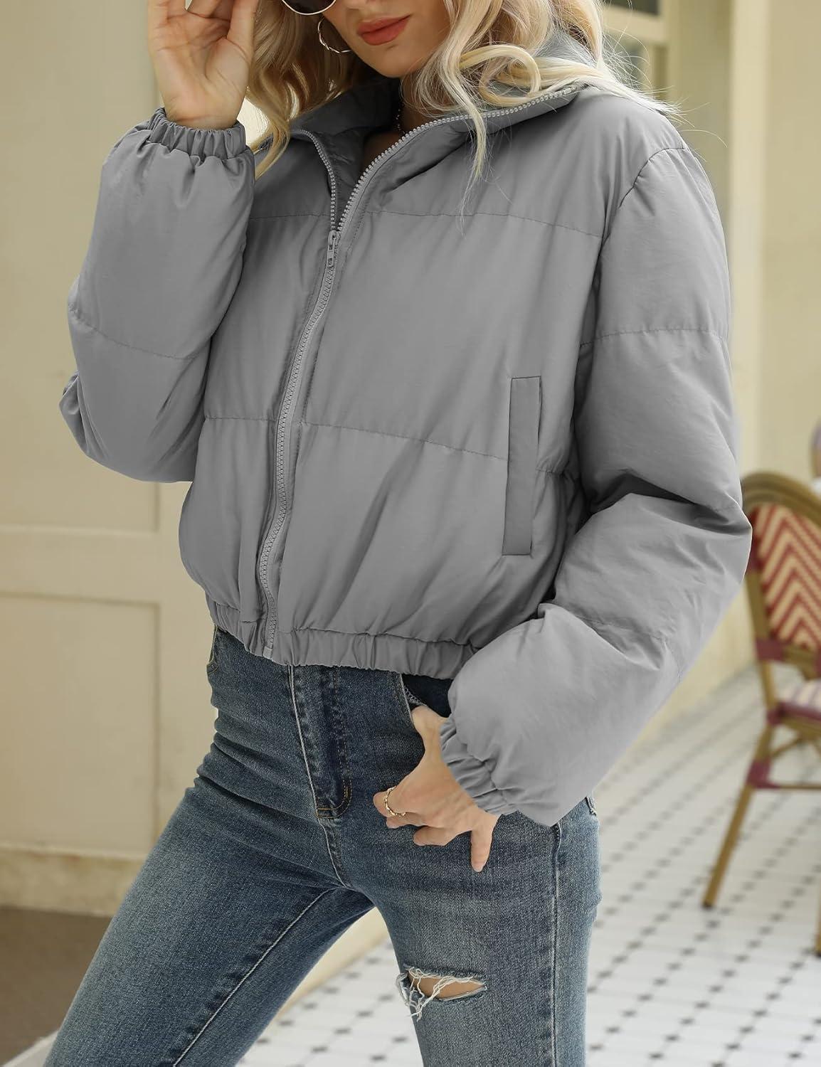 Arssm Women Cropped Puffer Jacket Crop Quilted Jacket Short Warm Winter Coats Padded Puffy Jacket(Grey)