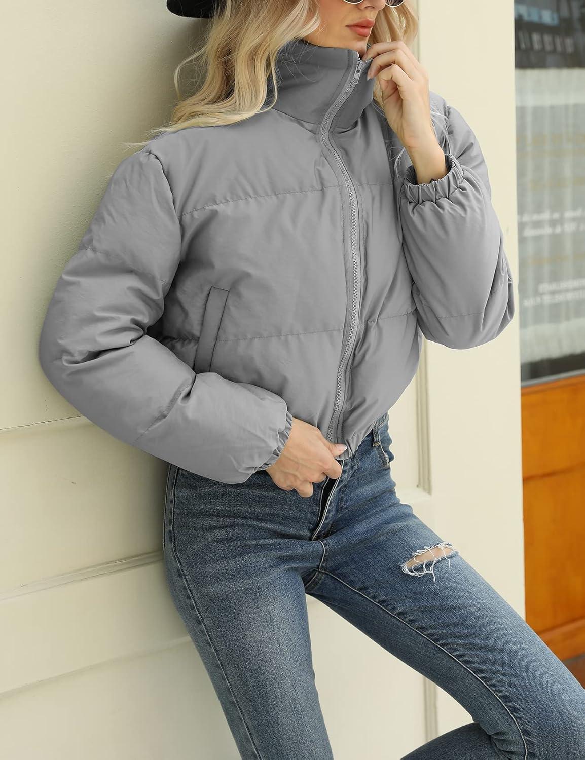 Arssm Women Cropped Puffer Jacket Crop Quilted Jacket Short Warm Winter Coats Padded Puffy Jacket(Grey)