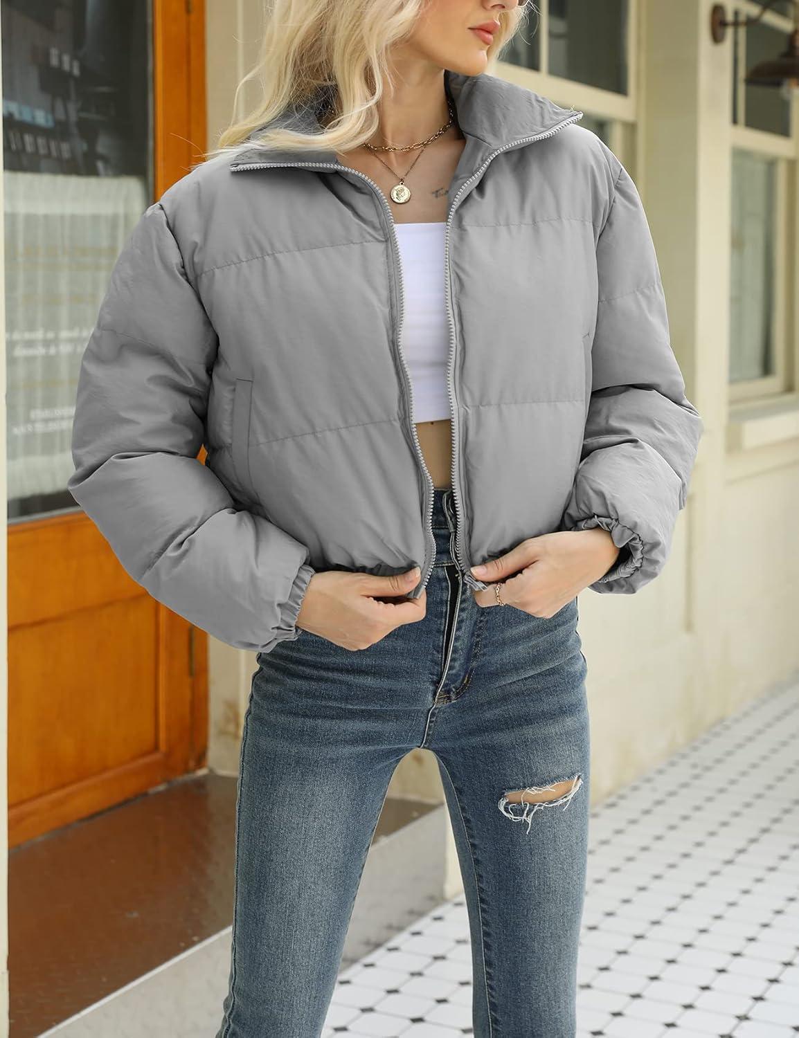 Arssm Women Cropped Puffer Jacket Crop Quilted Jacket Short Warm Winter Coats Padded Puffy Jacket(Grey)